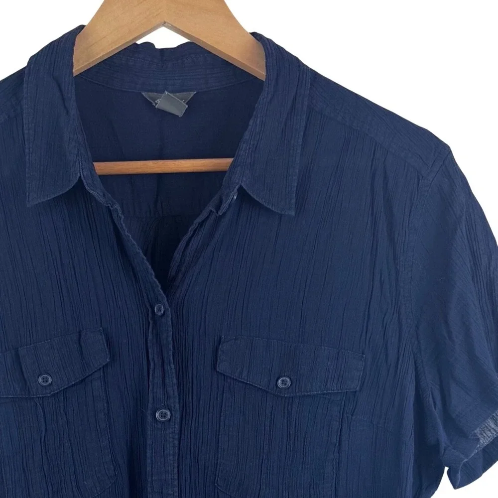Eddie Bauer Button Up Top Womens XL Navy Blue Short Sleeve Cotton Crinkle Gauze